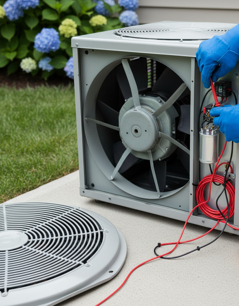 Homeowner inspecting AC condenser fan and capacitor for repair