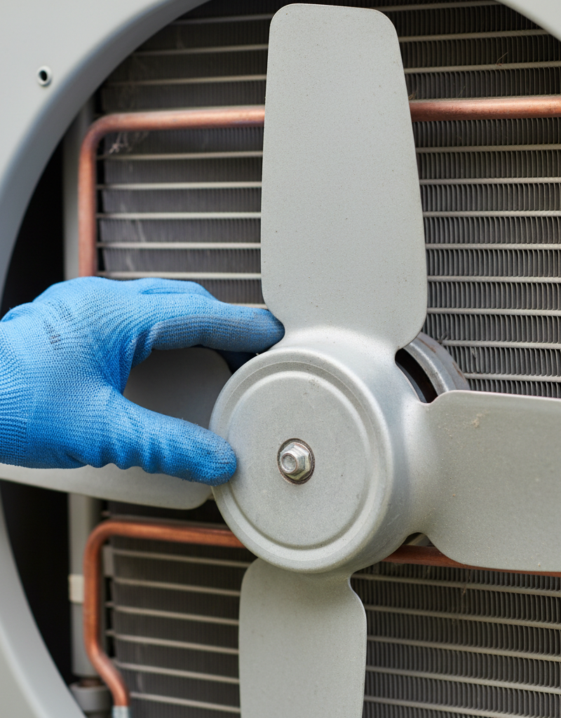 Homeowner's hand gently spinning a non-moving AC condenser fan blade to check for resistance and obstructions.