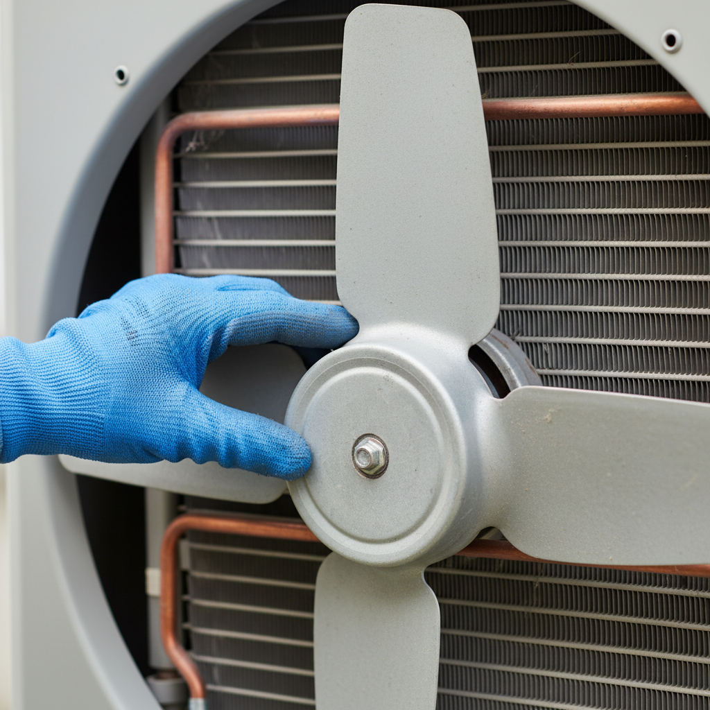Homeowner's hand gently spinning a non-moving AC condenser fan blade to check for resistance and obstructions.
