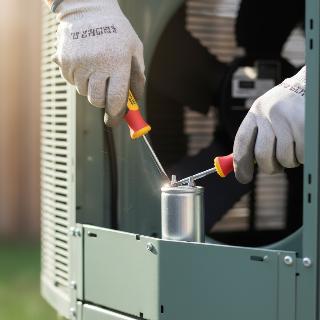 Homeowner using an insulated screwdriver to safely discharge an AC capacitor in an outdoor condenser unit