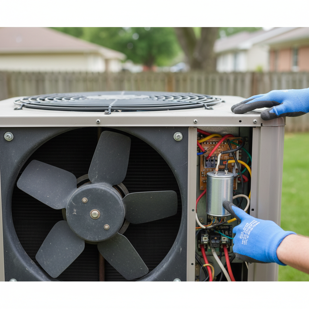 Homeowner inspecting and pointing at a dual run capacitor inside an outdoor AC condenser unit to diagnose why the fan is not spinning.