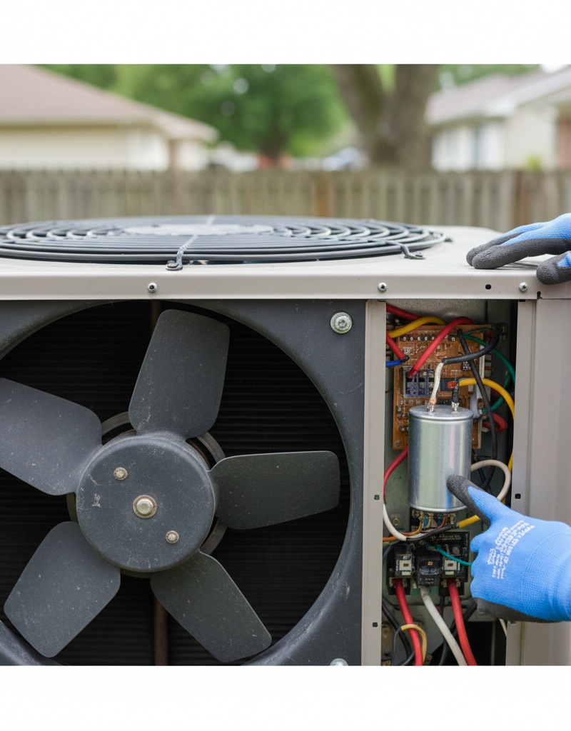 Homeowner inspecting and pointing at a dual run capacitor inside an outdoor AC condenser unit to diagnose why the fan is not spinning.