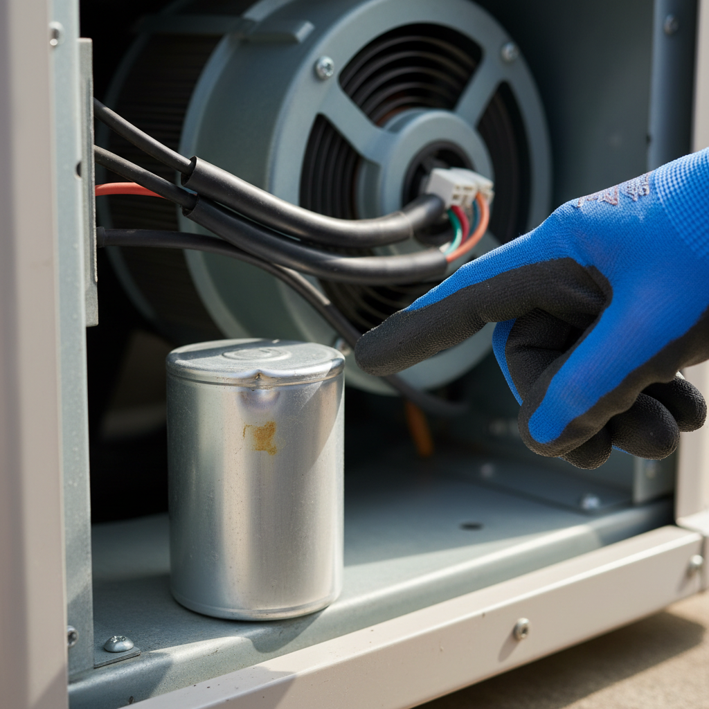 Homeowner inspecting a bulging AC run capacitor in an outdoor condenser unit