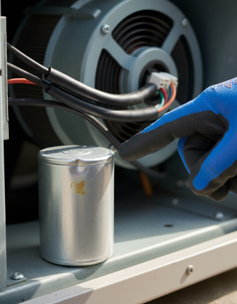 Homeowner inspecting a bulging AC run capacitor in an outdoor condenser unit