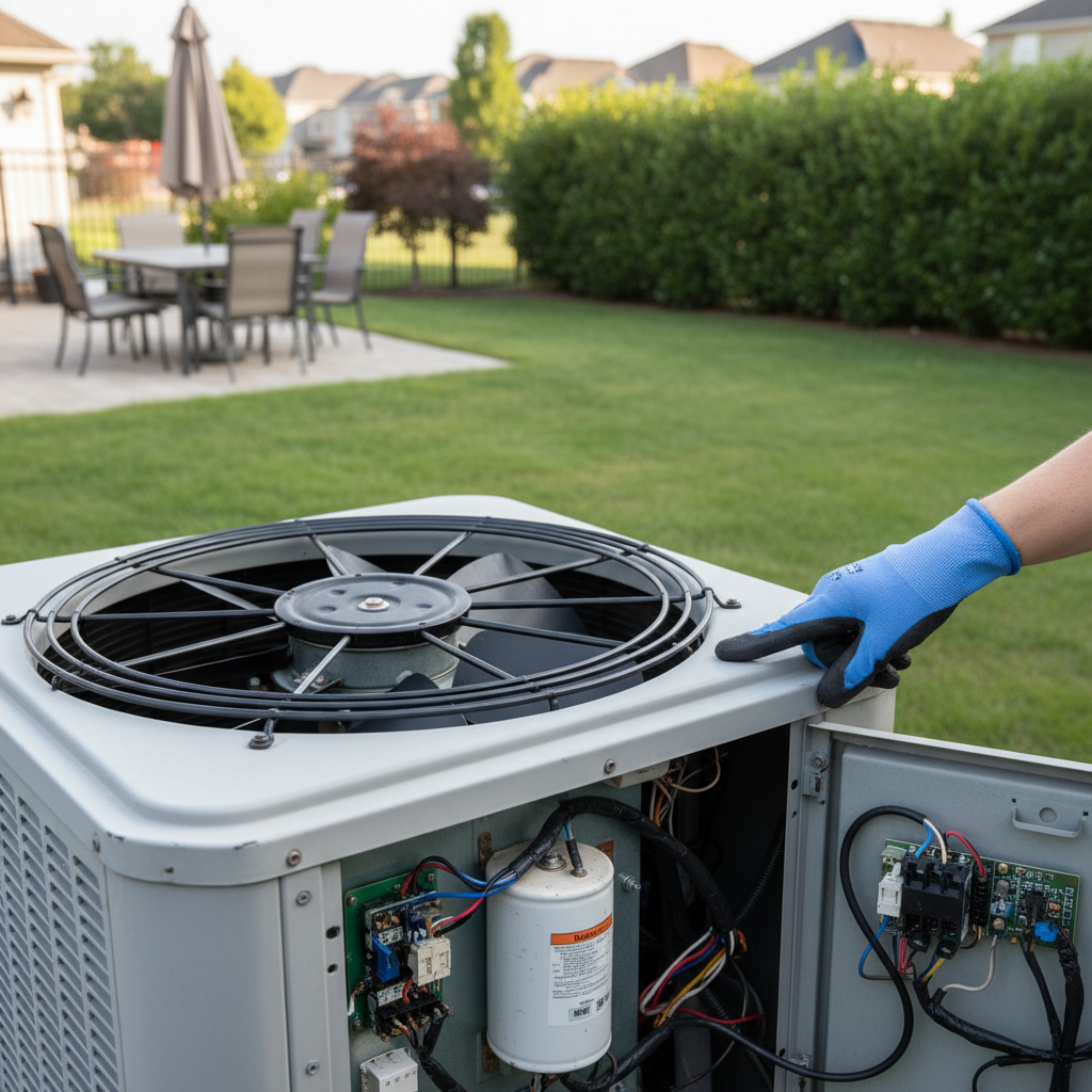 Homeowner inspecting a non-spinning AC condenser fan and pointing to the run capacitor in the control panel.