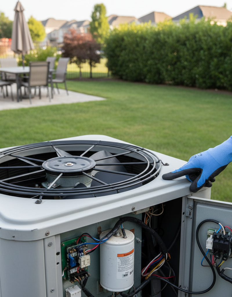 Homeowner inspecting a non-spinning AC condenser fan and pointing to the run capacitor in the control panel.