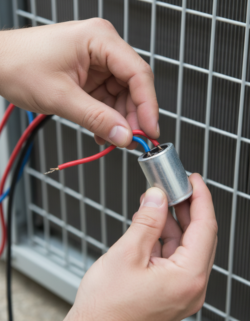 Homeowner replacing a faulty run capacitor in an outdoor AC condenser unit.