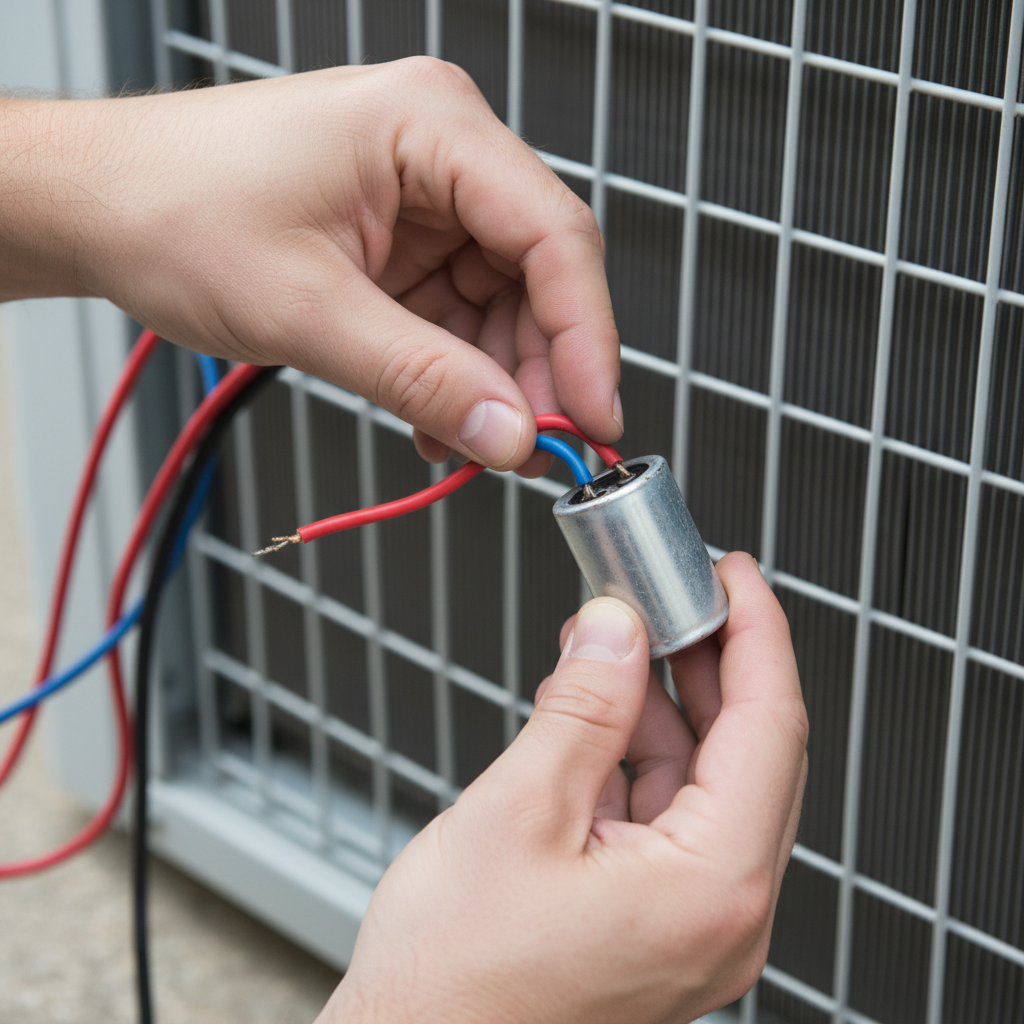 Homeowner replacing a faulty run capacitor in an outdoor AC condenser unit.