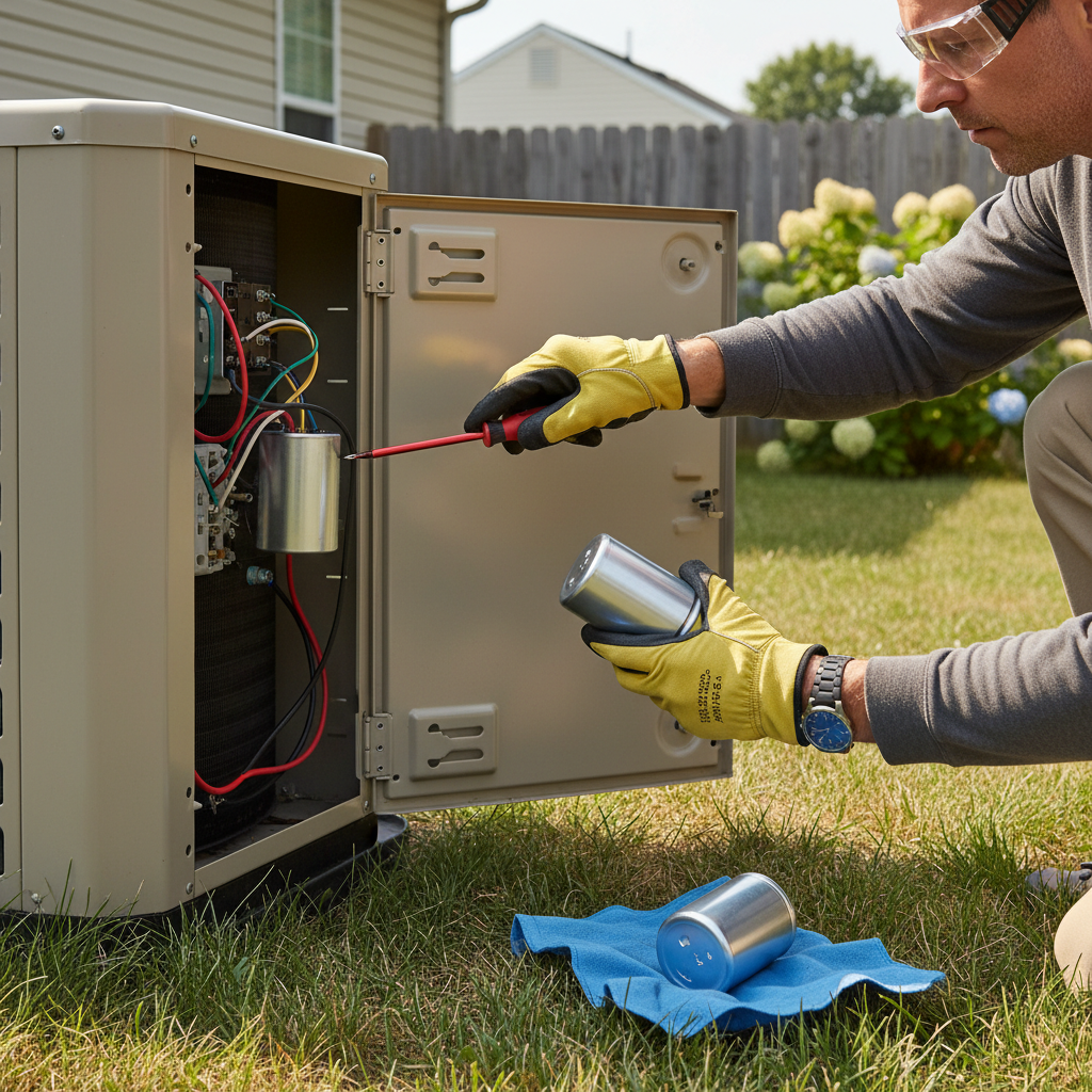 Homeowner safely replacing a run capacitor in an outdoor AC condenser unit