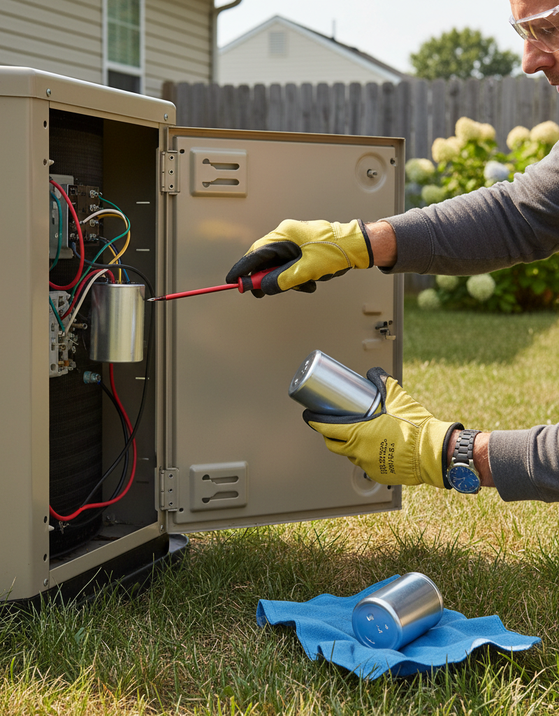 Homeowner safely replacing a run capacitor in an outdoor AC condenser unit