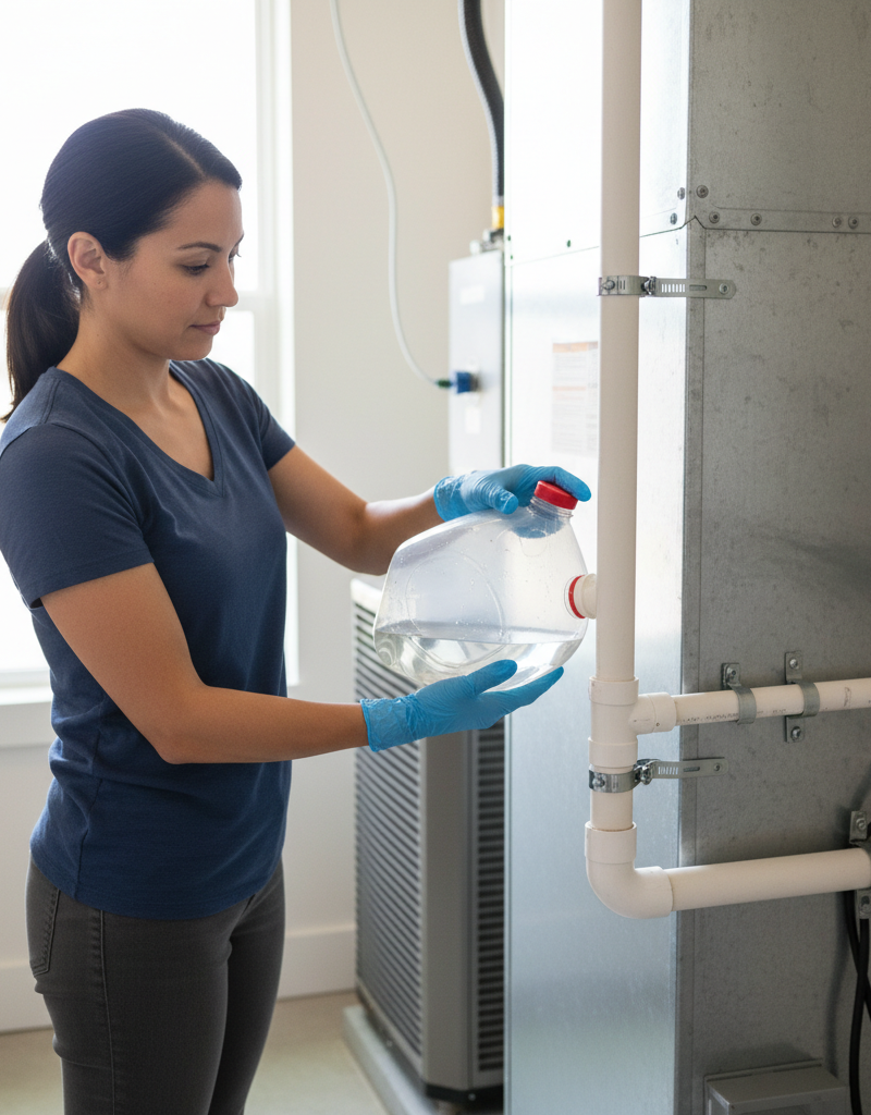 Homeowner pouring vinegar into AC drain line access to clear clog