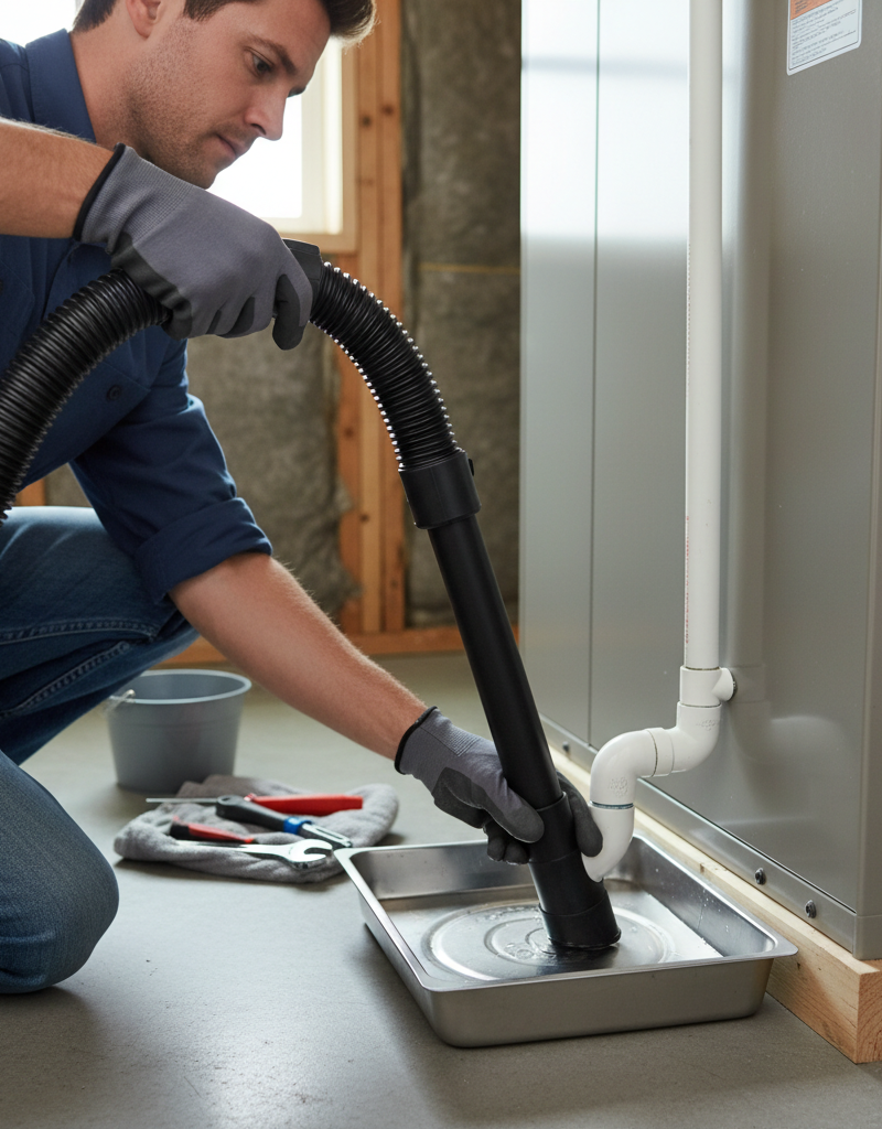 Homeowner using a shop vac to clear a clogged AC condensate drain line on an air handler.