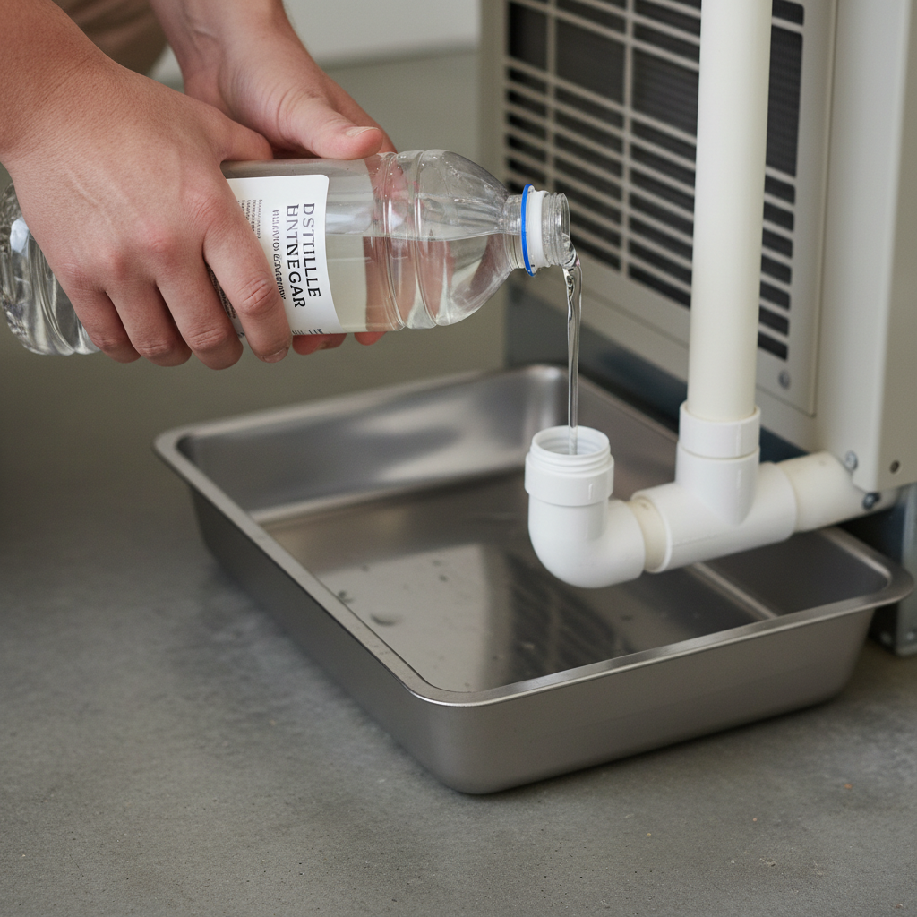 Homeowner pouring white vinegar into a PVC AC condensate drain line access port to clear a clog.
