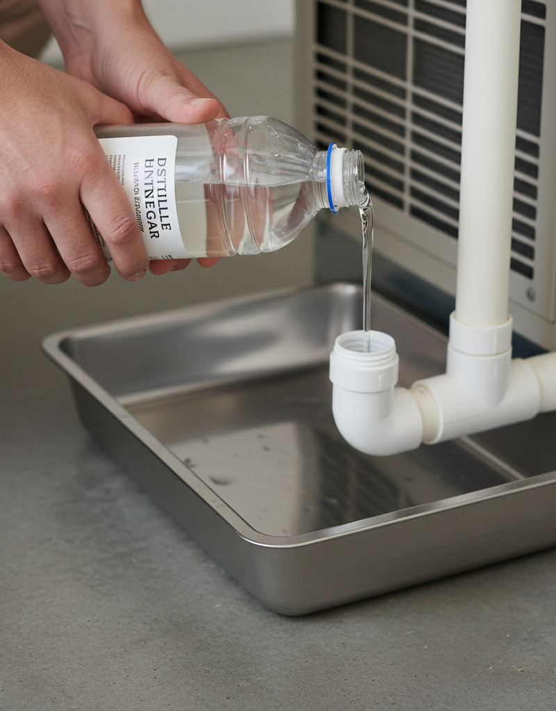 Homeowner pouring white vinegar into a PVC AC condensate drain line access port to clear a clog.