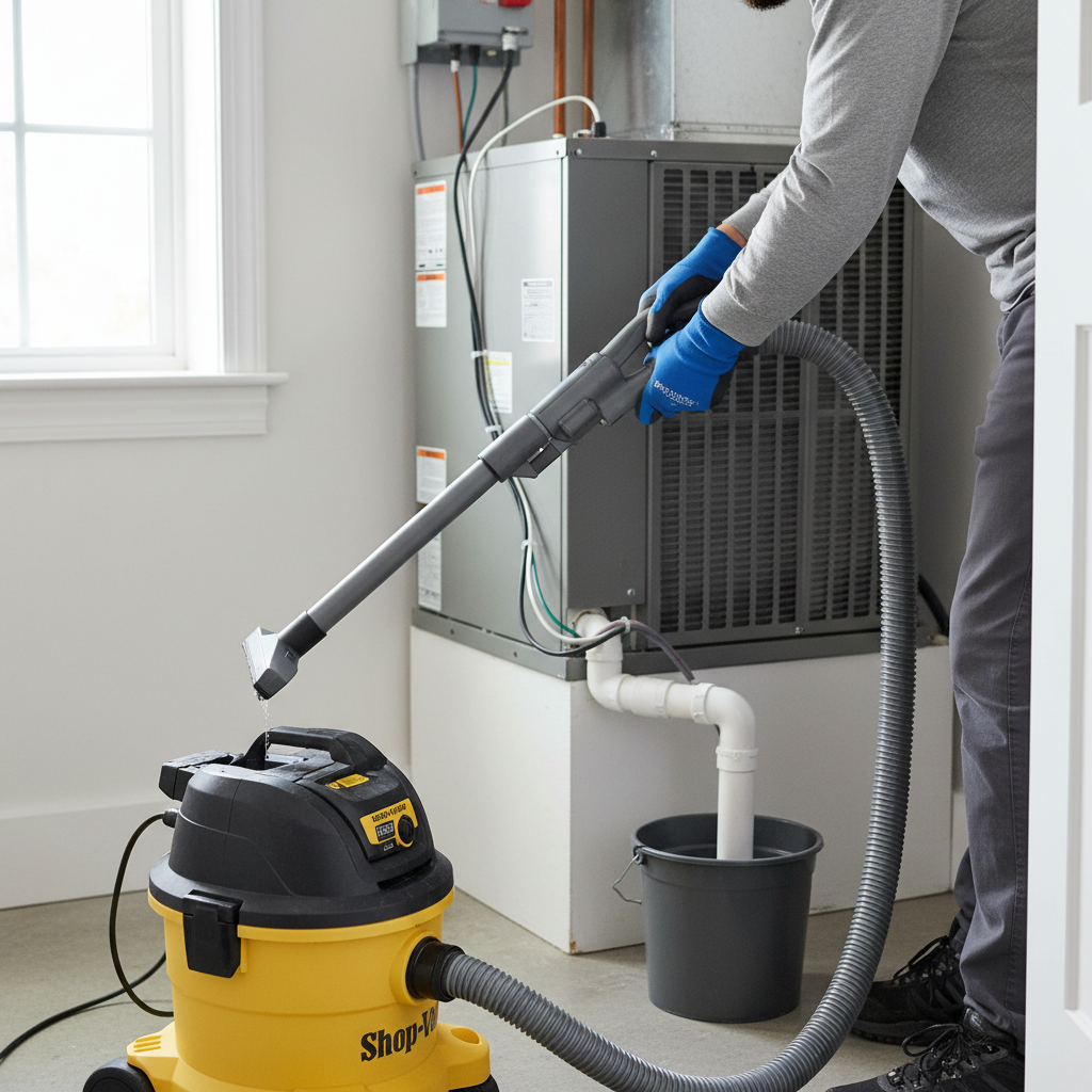 Homeowner clearing a clogged AC condensate drain line with a wet/dry vac, preventing water damage.