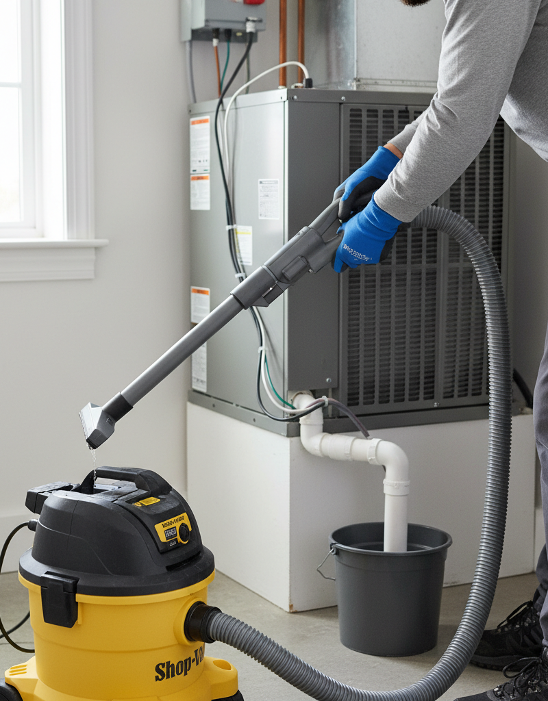 Homeowner clearing a clogged AC condensate drain line with a wet/dry vac, preventing water damage.