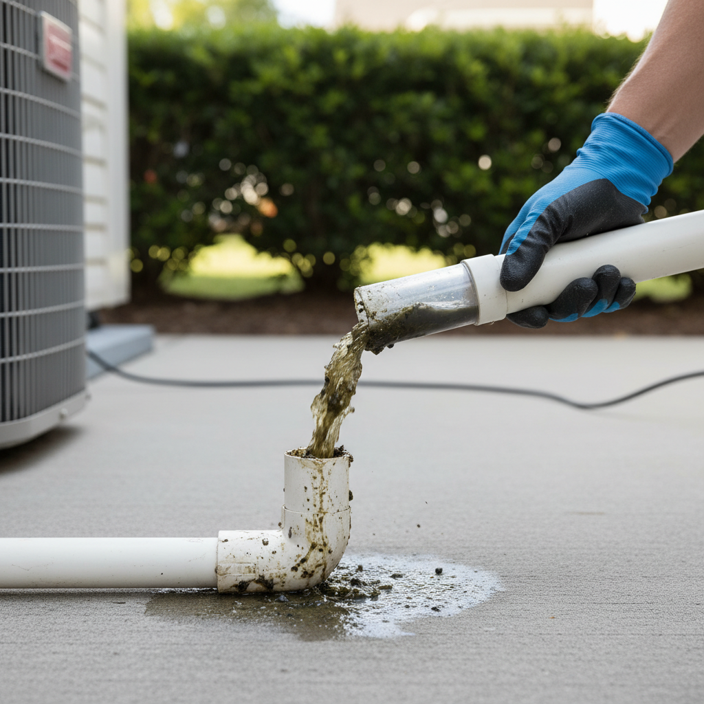 Homeowner using a wet/dry vac to clear a clogged AC drain line outdoors, showing slimy water being removed.