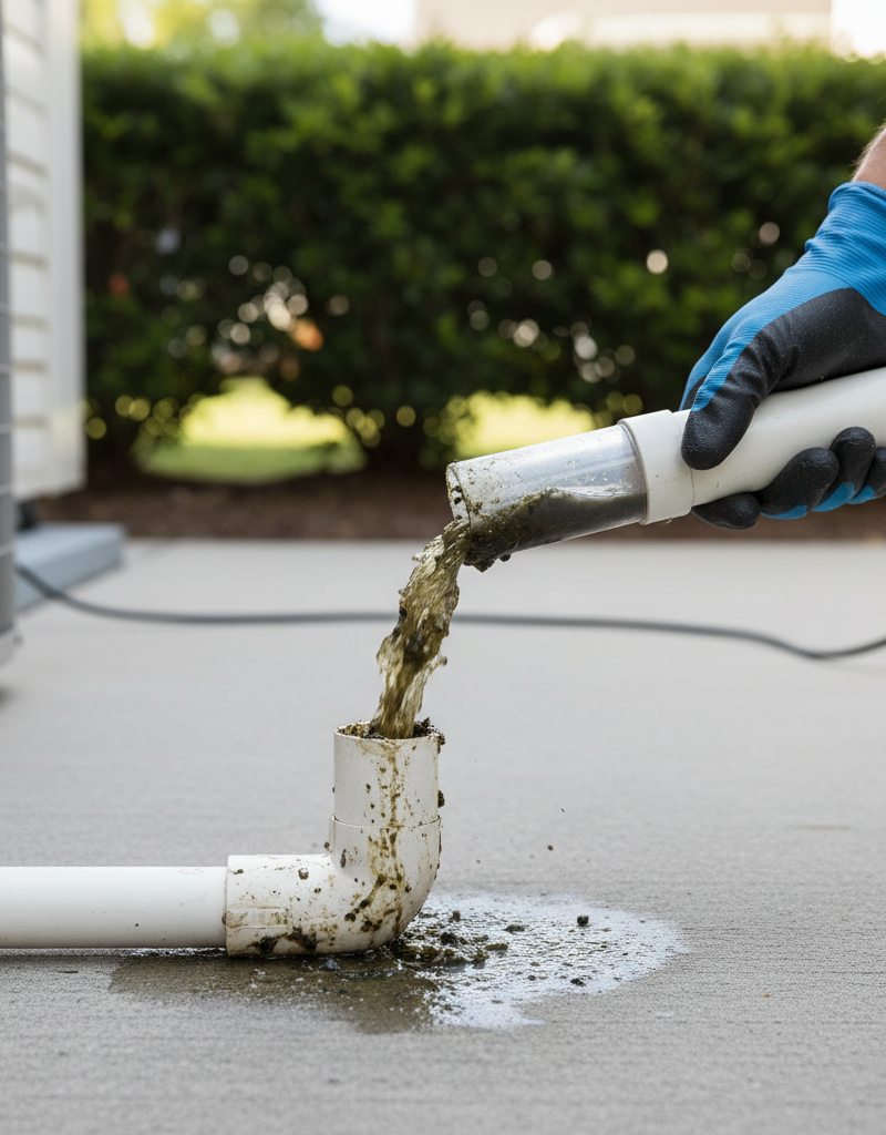 Homeowner using a wet/dry vac to clear a clogged AC drain line outdoors, showing slimy water being removed.