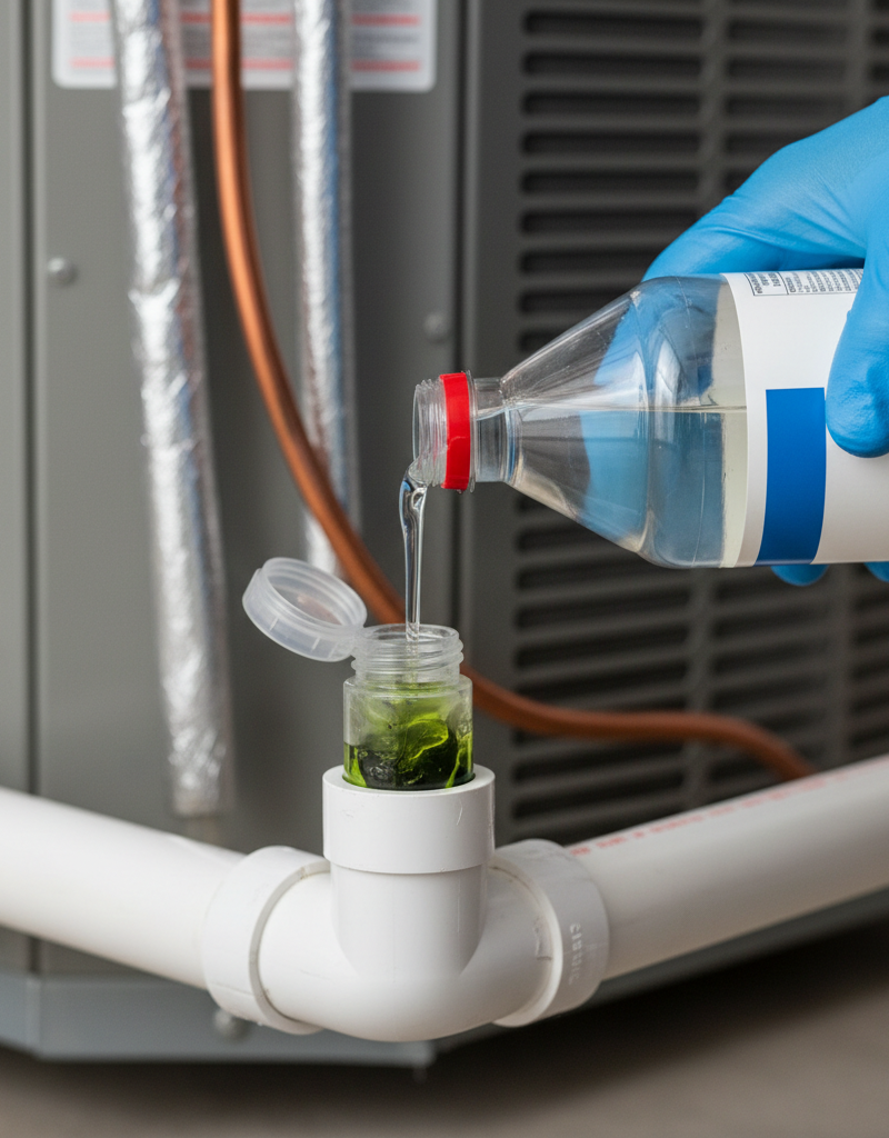 Homeowner pouring white vinegar into a clogged AC condensate drain line to clear algae and mold.