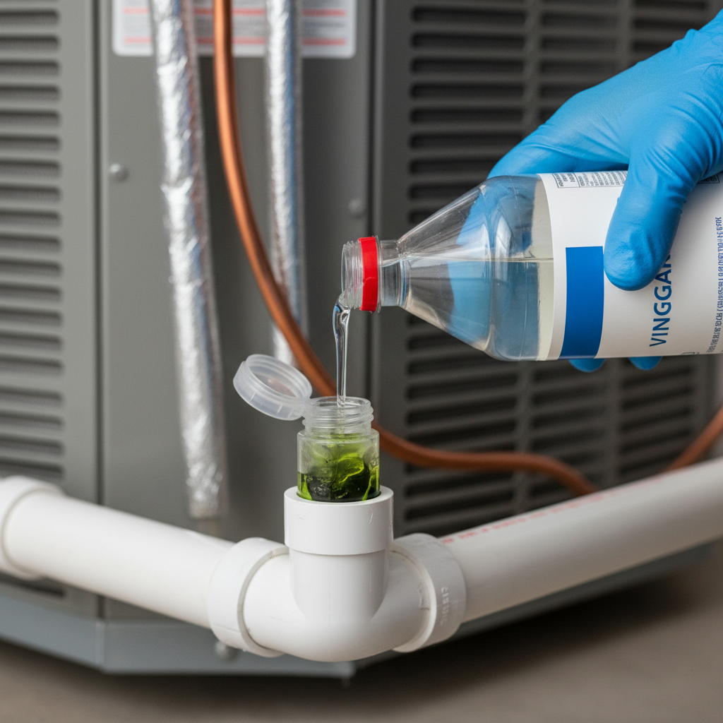 Homeowner pouring white vinegar into a clogged AC condensate drain line to clear algae and mold.