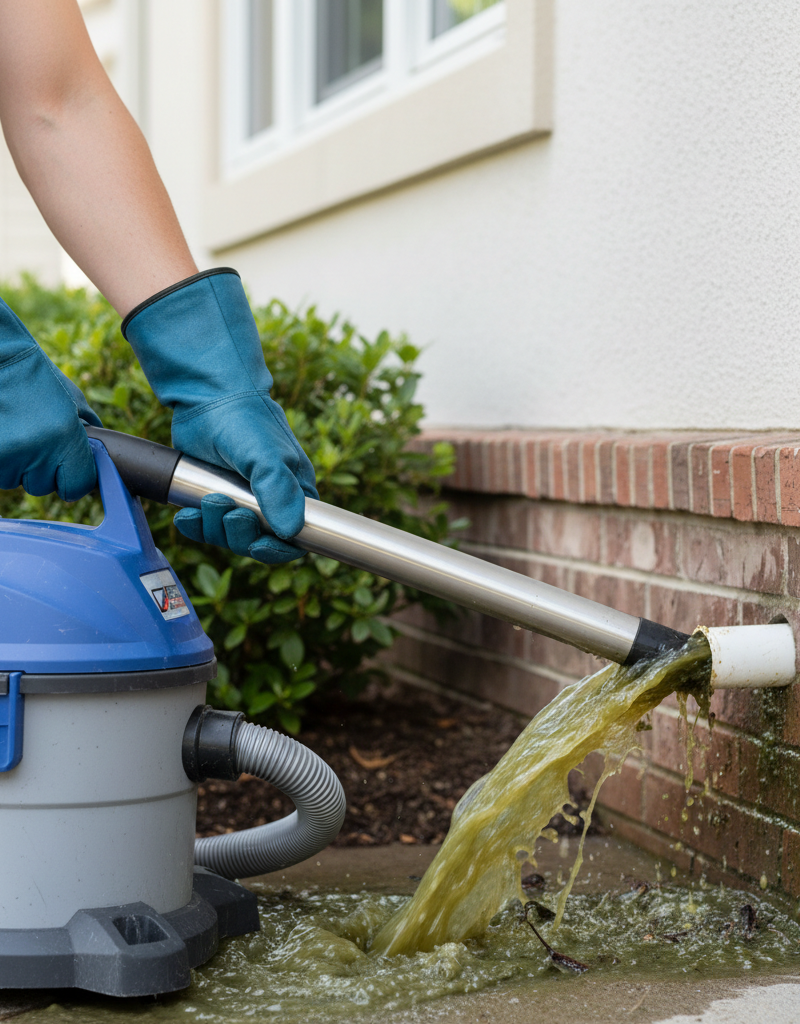 Homeowner uses a wet/dry vac to clear an outdoor AC drain line clogged with debris.