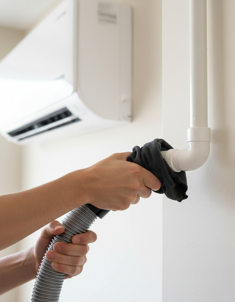 Homeowner using a shop vac to clear a clogged AC condensate drain line.