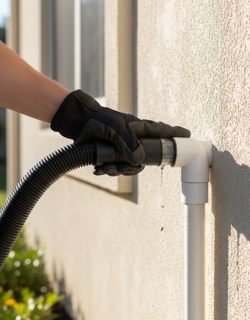 Homeowner uses a wet/dry vacuum to clear a clogged AC condensate drain line.