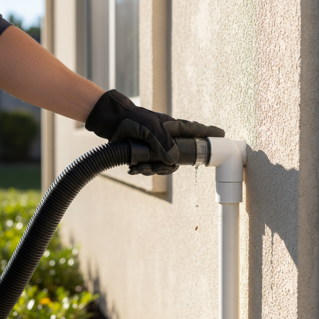 Homeowner uses a wet/dry vacuum to clear a clogged AC condensate drain line.