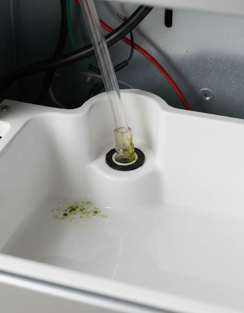 Visible algae in AC condensate pan leading to a PVC drain line.