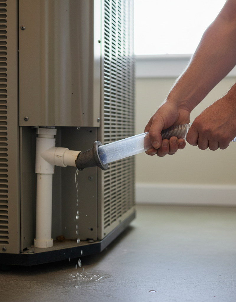 Homeowner using a wet/dry vacuum to clear a clogged AC condensate drain line on an indoor air handler unit.