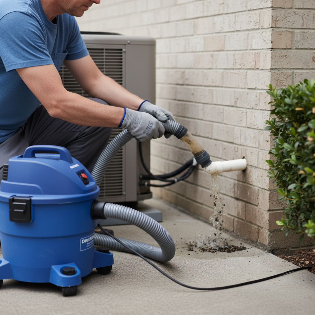 Homeowner uses a wet/dry shop vacuum to clear a clogged outdoor AC condensate drain line.