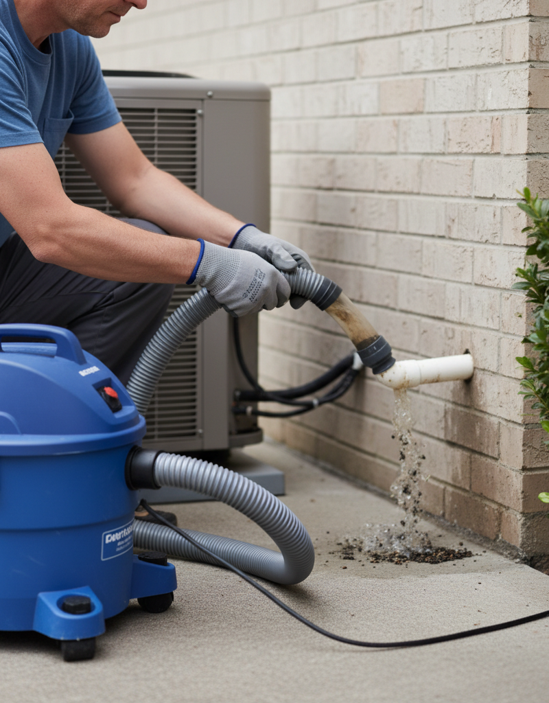 Homeowner uses a wet/dry shop vacuum to clear a clogged outdoor AC condensate drain line.