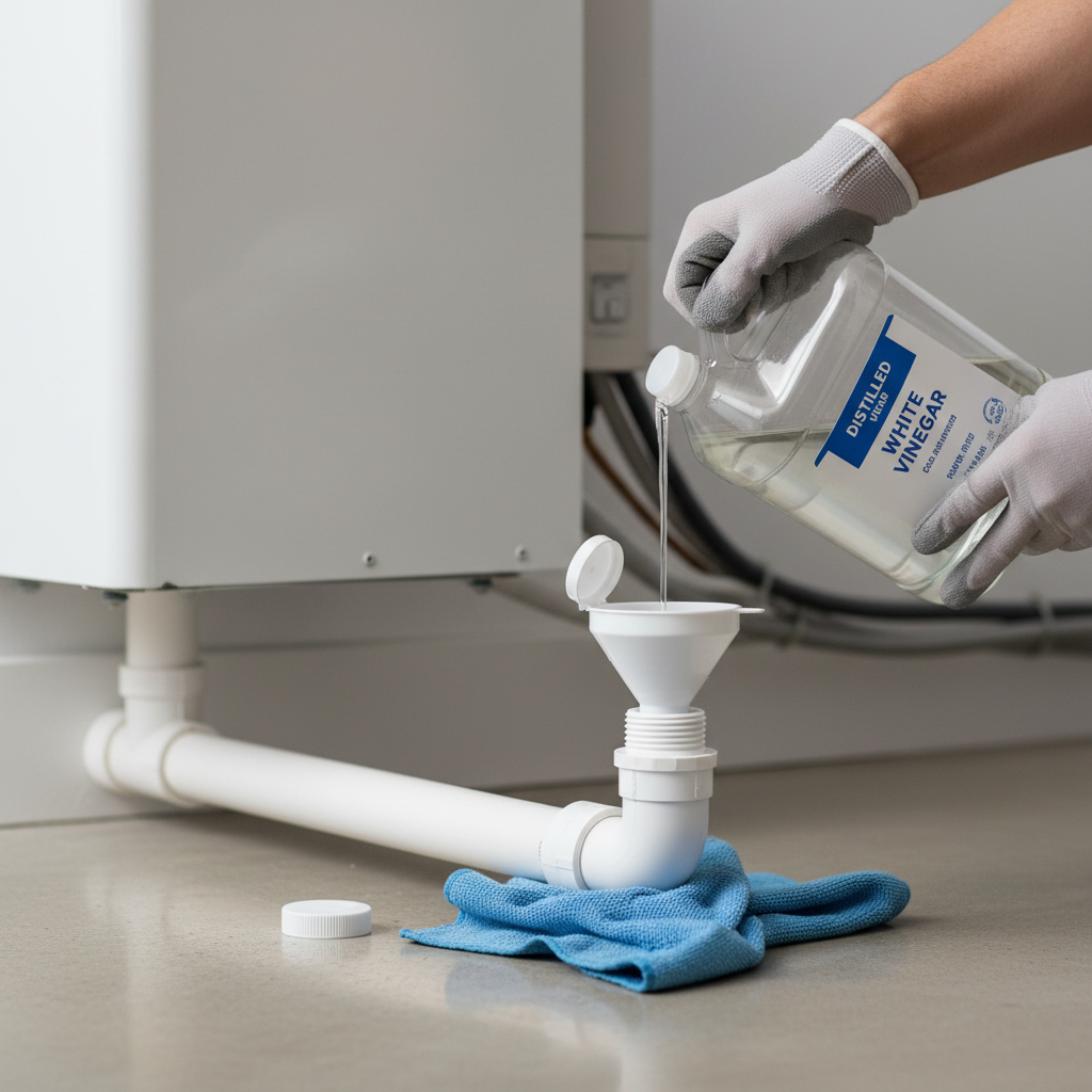 Homeowner pouring white vinegar into AC condensate drain line access port