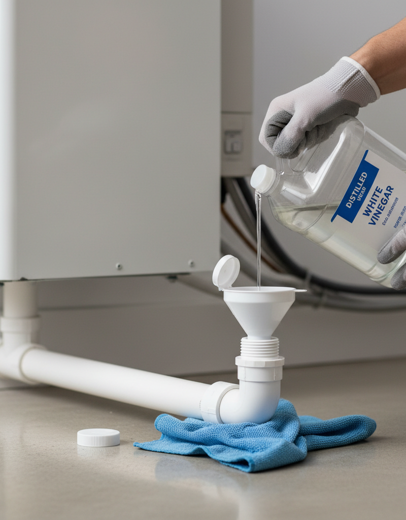 Homeowner pouring white vinegar into AC condensate drain line access port