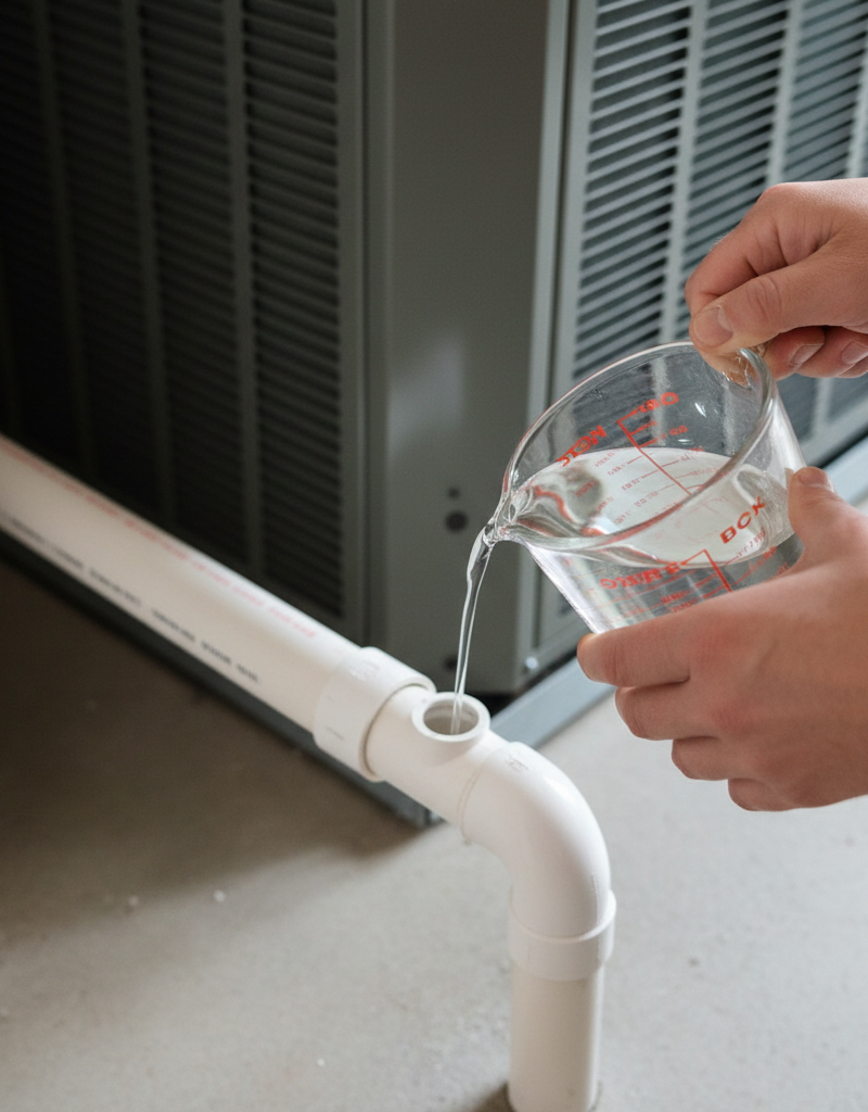 Homeowner pouring white vinegar into a clogged AC condensate drain line access port to clear a blockage and prevent water leaks.