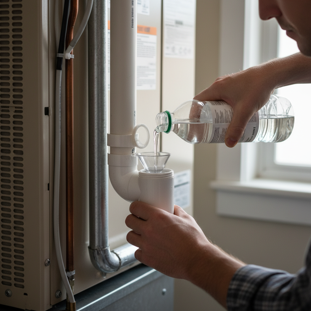 Homeowner pouring white vinegar into a clogged AC condensate drain line.