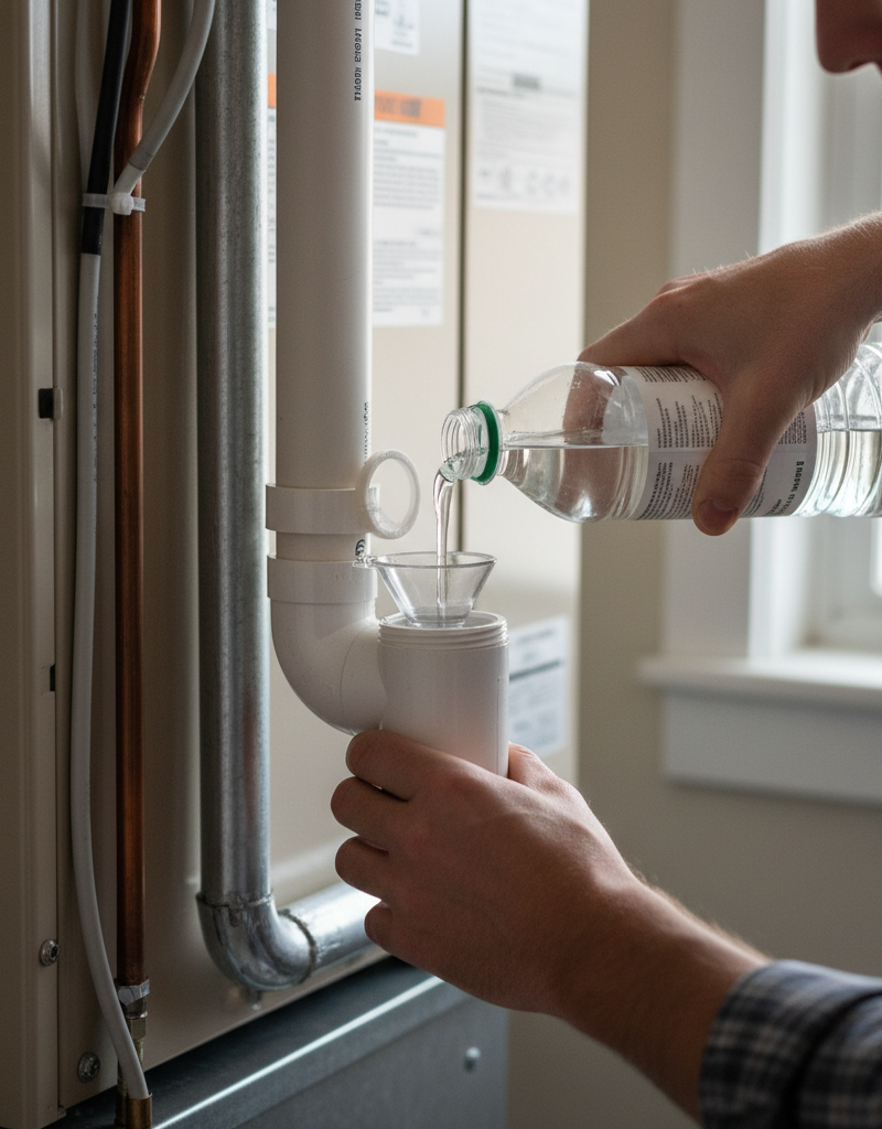 Homeowner pouring white vinegar into a clogged AC condensate drain line.