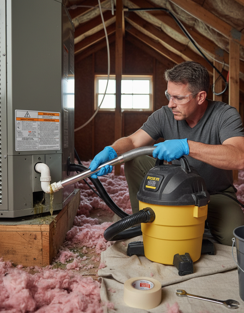 Homeowner using a wet/dry vacuum to clear a clogged AC drain line in an attic.