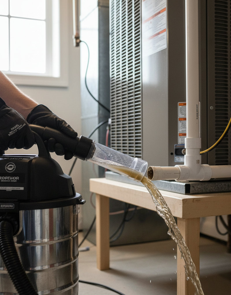 Homeowner clearing a clogged AC condensate drain line with a shop-vac in a basement.