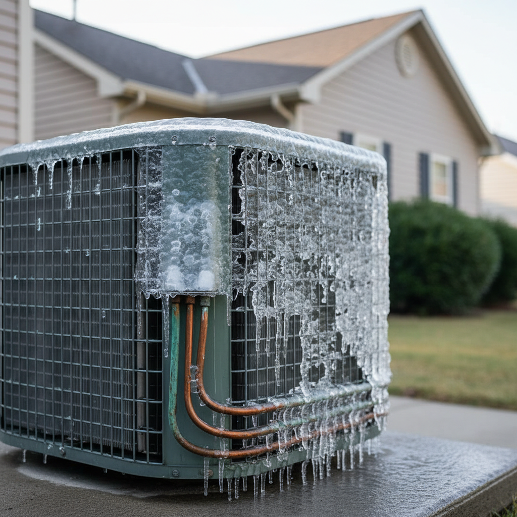 Frozen outdoor air conditioner condenser unit with ice on lines and coils
