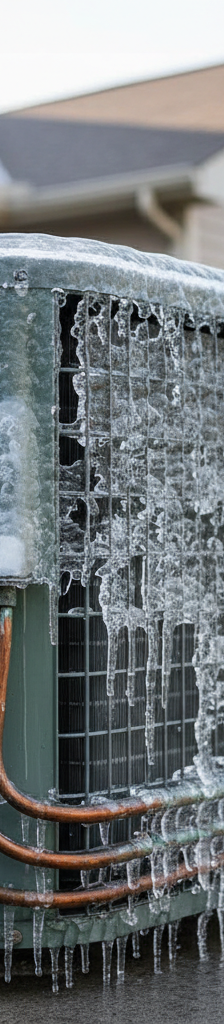 Frozen outdoor air conditioner condenser unit with ice on lines and coils