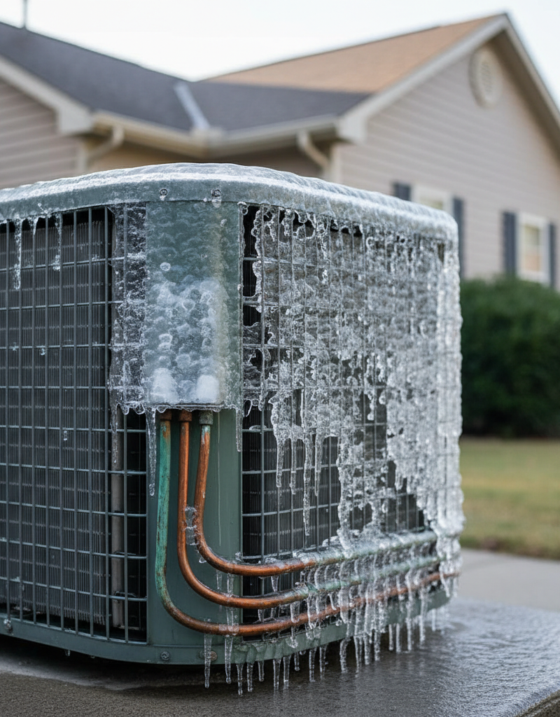 Frozen outdoor air conditioner condenser unit with ice on lines and coils
