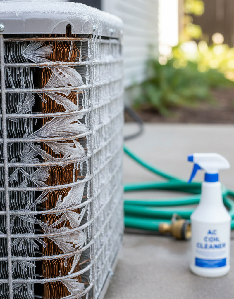 Outdoor AC condenser unit with ice buildup on coils and fins