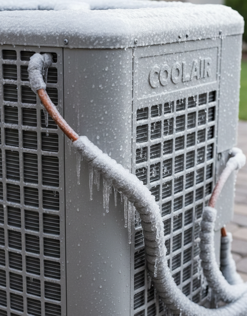 Outdoor AC unit covered in ice, indicating a freezing problem.