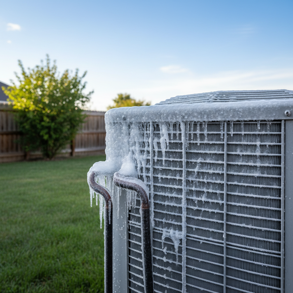 Outdoor AC condenser unit with ice on the copper lines and fins, indicating a freezing problem.