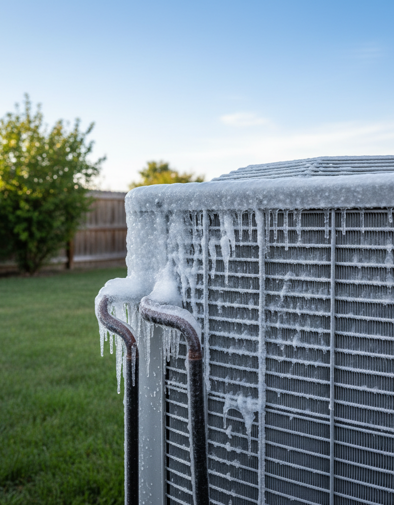 Outdoor AC condenser unit with ice on the copper lines and fins, indicating a freezing problem.