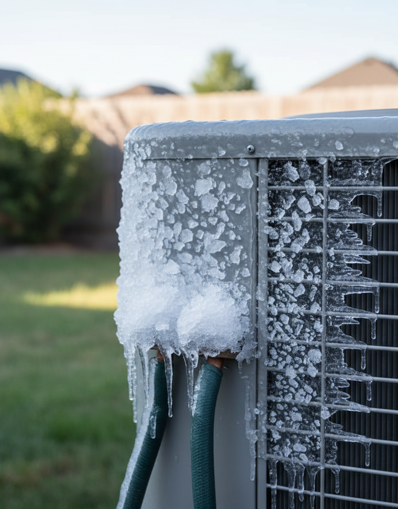 Outdoor AC condenser unit with ice frozen on the copper coils and fins