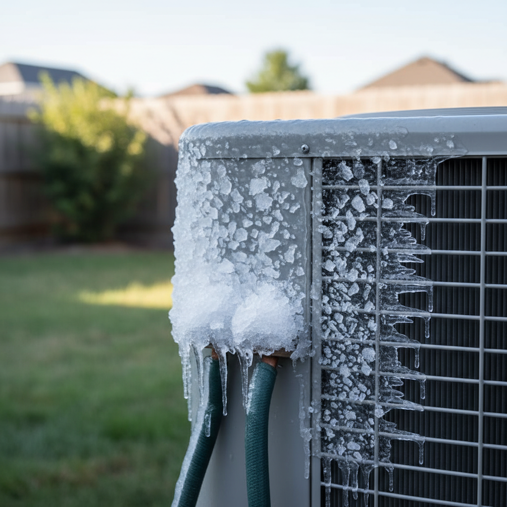 Outdoor AC condenser unit with ice frozen on the copper coils and fins