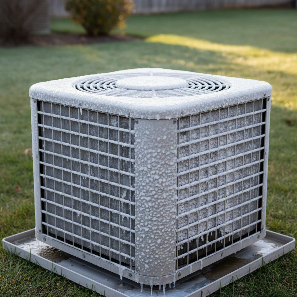 Outdoor AC unit covered in a thick layer of ice, indicating a system malfunction.