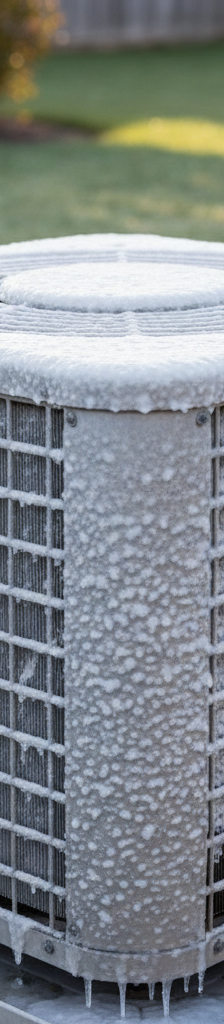 Outdoor AC unit covered in a thick layer of ice, indicating a system malfunction.